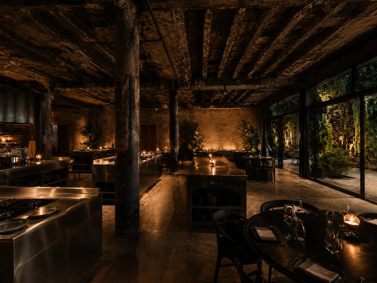 The DONDE dining room at night: steel kitchen islands among candlelit tables under timber joists and dark iron columns