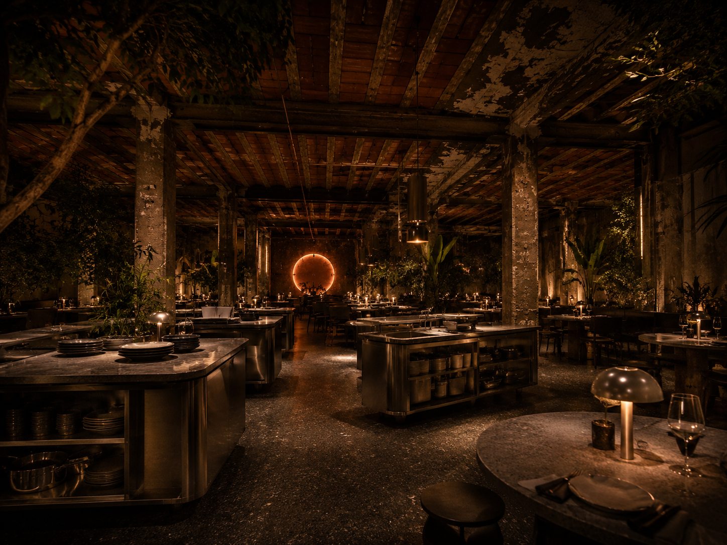 The DONDE dining room: stainless-steel kitchen islands set among candlelit tables and foliage, the Eclipse glowing on the far wall