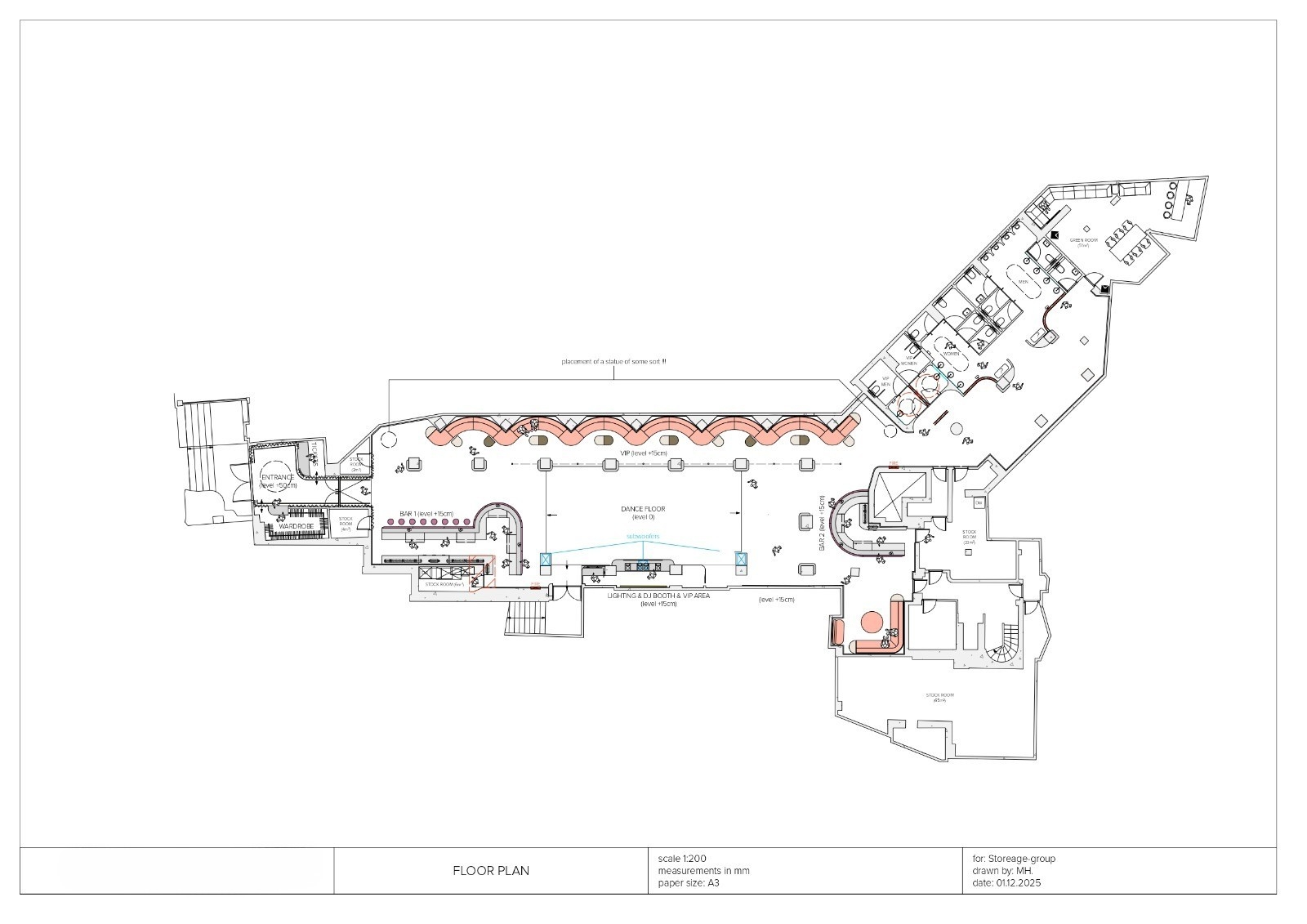 Architectural floor plan of the DONDE club: entrance and wardrobe at left, two bars, sunken dance floor, VIP banquette, lighting and DJ booth, green room and back-of-house at right
